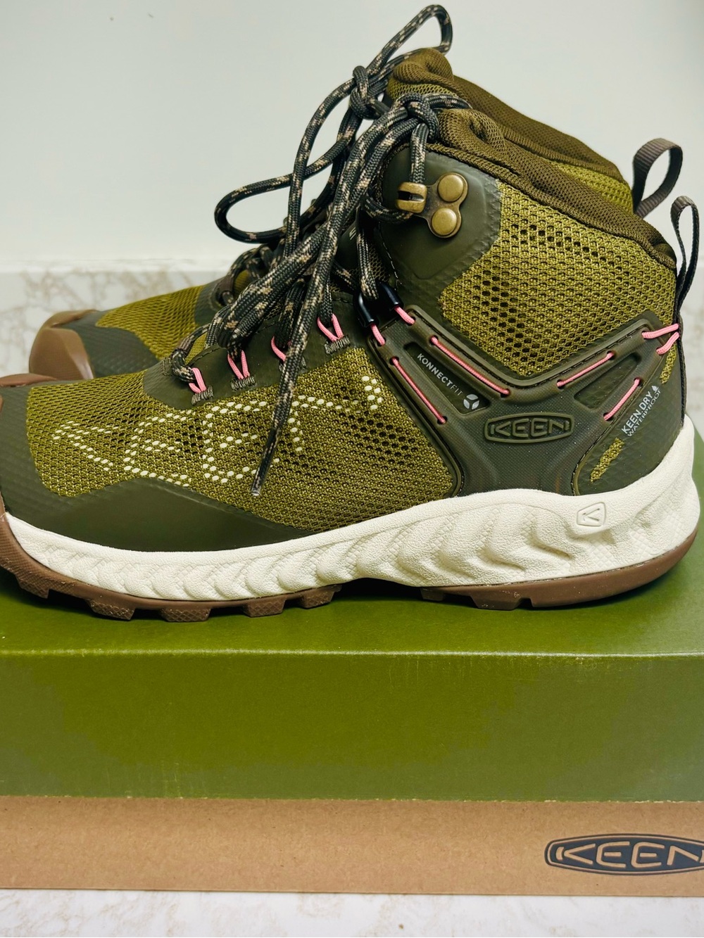 Keen Women's Olive Green Lace-Up Hiking Boots with Pink Accents